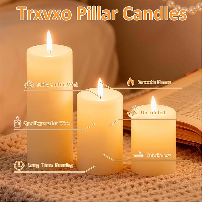 6-Pack Ivory Pillar Candles Bulk Set - Assorted 3 Sizes (3, 4, 6 Inch, 2 Each), Long-Lasting Dripless, Unscented & Smokeless Hurricane Candles for Wedding, Dinner Party & Romantic Atmosphere.