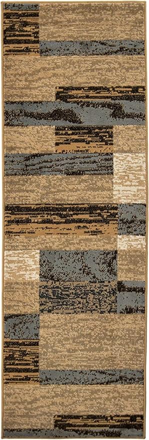SUPERIOR Indoor Runner Rug, Jute Backed, Modern Geometric Patchwork Floor Decor for Bedroom, Office, Living Room, Entryway, Hardwood Floors, Rockwood Collection, 2' 7" x 12', Light Blue-Beige