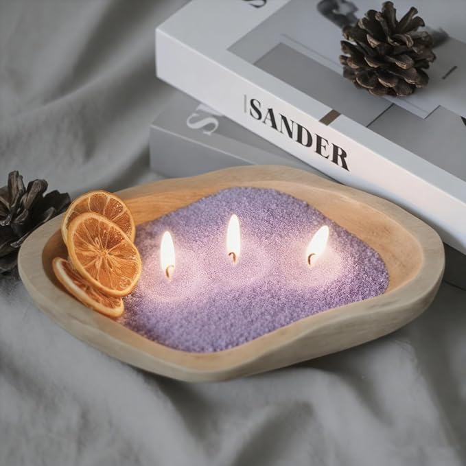 GrusoSP Reusable Wooden Dough Bowl Candle with 18 Oz Pearled Candle Sand and 30 Wicks Unscented Palm Sand Wax Refillable Powder Candles DIY Wax Making Kit (Purple)