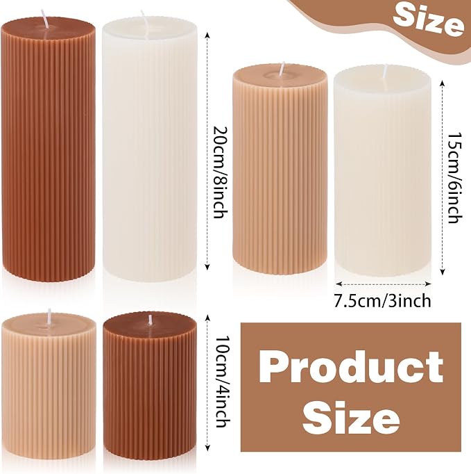 Lyrow 6 Pcs Ribbed Pillar Home Decorative Candles Aesthetic Modern Home Decor Soy Wax Unscented Pillar Candles Width 3" High 4" 6" 8" for Bathroom Living Room Wedding Dinner Party(Brown)