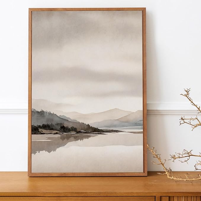 LHIUEM Abstract Mountain Brown Framed Canvas Wall Art,Neutral Watercolor Landscape Wall Decor,Minimalist Grey Beige Lake Artwork for Living Room,Bedroom,Dining Room,Office -24"x36"x3