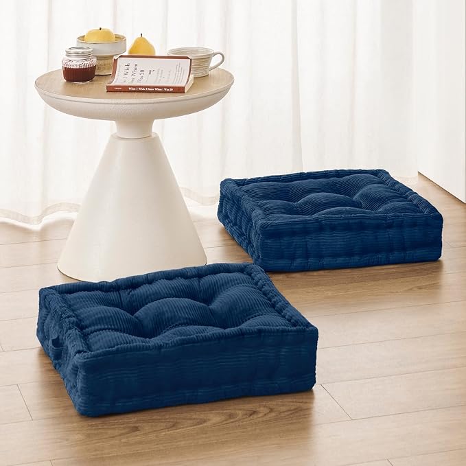 Wellsin Square Floor Pillows for Adults Kids - Meditation Floor Pillow Seating Cushion - Tufted Floor Cushion with Shredded Foam & Velvet Cover, 2 Pack, 20x20 Inch, Dark Blue