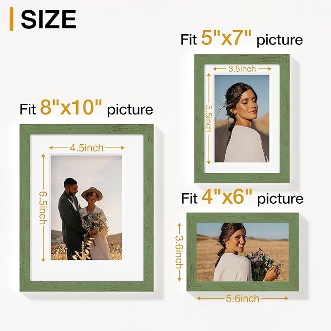 Vittanly 15 Pack Picture Frames Collage Wall Decor for Mounting or Tabletop Display, Gallery Frame Set for Family, Multi Sizes Including 3pcs 8x10, 6pcs 5x7, 6pcs 4x6, Rustic Green