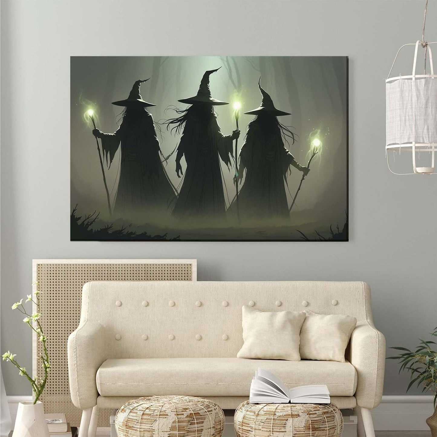 Vintage 3 witches canvas wall decor melancholy dark Halloween poster wall decor holding a staff print Gothic horror Halloween painting print for living room bedroom20x30in Wood Framed