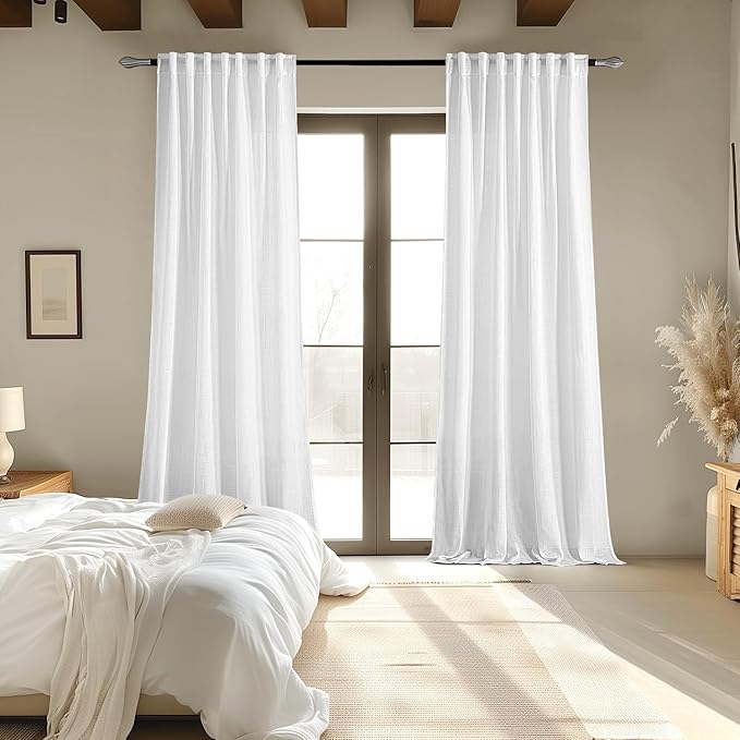 MIULEE White Linen Curtains 108 Inches Long 2 Panels for Bedroom Living Room, Soft Thick Linen Textured Back Tab Window Drapes Semi Sheer Light Filtering Rod Pocket Modern Farmhouse Decor