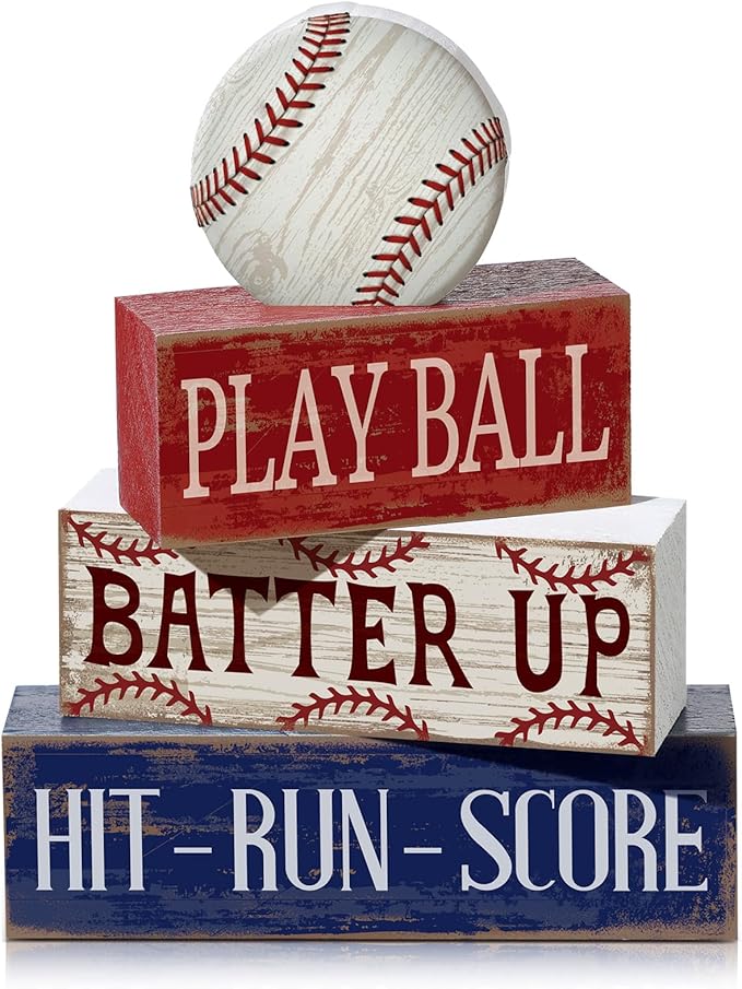 Yuntau 4 Pcs Baseball Decorations Sports Wooden Sign Baseball Centerpieces for Tables Tiered Tray Decor Decorative Mini Faux Book Stack Block for Bedroom Boys Room Party Coffee Mantel Shelf