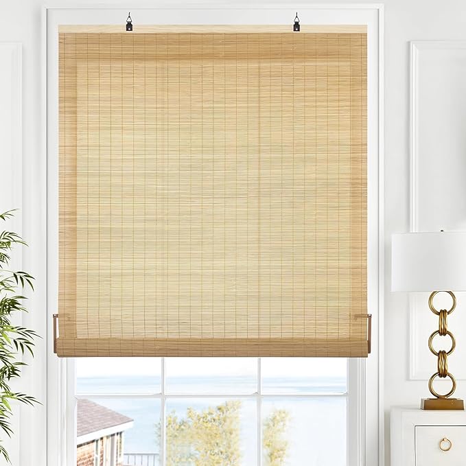 LazBlinds Cordless Bamboo Blinds, Custom Size, Carbonized | Bamboo Roll Up Shades for Windows, Light Filtering Hanging Window Blinds, Bamboo Shades for Patio Indoor/Outdoor Porch