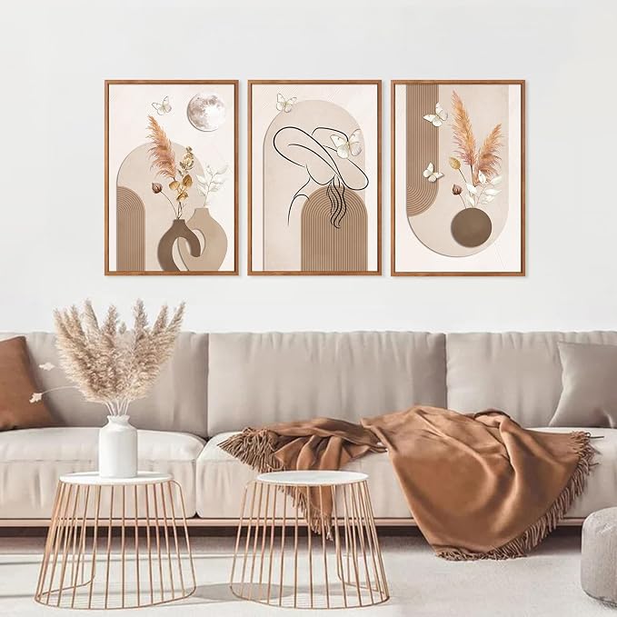 CHDITB Boho Neutral Framed Canvas Wall Art, Minimalist Line Art Woman Artwork, Pampas Grass Botanical Wall Decor, Beige Brown Painting, Abstract Geometric Art Prints for Living Room Bedroom 24"x36"x3
