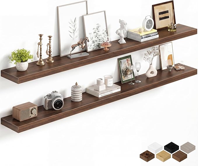 Fun Memories 72Inch Long Floating Shelves, 8 Inch Deep Shelves for Bedroom|Living Room, Wall Mounted Wood Hanging Shelf with Invisible Brackets for Fireplace Mantel Home Storage Decor, Walnut - 2 Pack