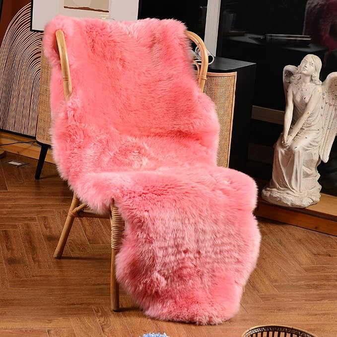 LLB Genuine Sheepskin Area Rug Wool Rug Fur Carpet Fluffy Shaggy Fur Rug for Living Room Kids Bedroom Real Sheepskin Throw Lambskin Rugs Sofa Mat Chair Seat Covers (Pink, 2 x 6 ft Sheepskin)