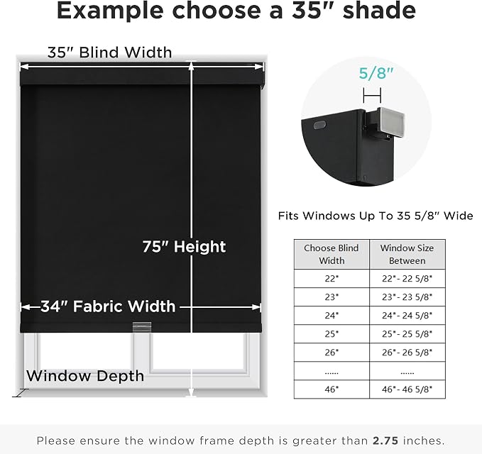 Joydeco No Drill Blackout Shades, Free-Stop Cordless Roller Shades, UV Protection, Thermal Insulated Blinds for Indoor Windows, Easy Install Window Blinds for Home and Office (Black, 35" W X 75" H)