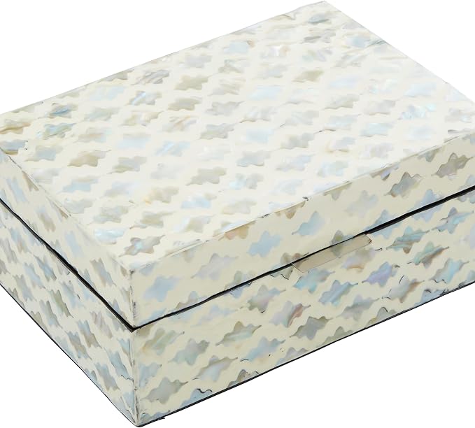 Deco 79 Mother of Pearl Shell Geometric Handmade Decorative Box Storage Decorative Keepsake Boxes with Hinged Lid, Set of 2 Storage Boxes 12", 8"W, Cream
