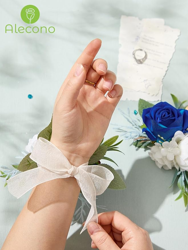 Alecono Set of 2 Wrist Corsage for Wedding, Navy Blue Corsages for Bride Bridesmaid, Artificial Flowers for Prom Graduation Ceremony Anniversary