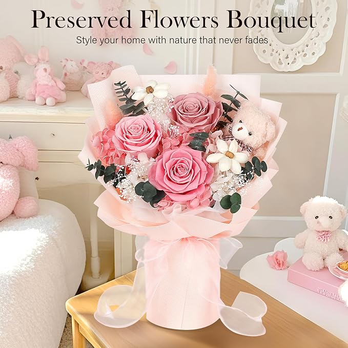 Preserved Flowers Bouquet with Bear, 3 Real Forever Flowers for Delivery, Long-Lasting Pink Eteranl Roses Bouquet, Mothers Day Gifts for Mom Grandma, Anniversary Birthday Gifts for Women Girlfriend