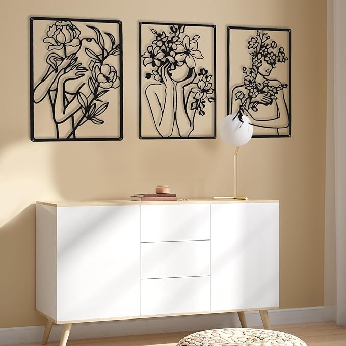 CHENGU 3 Pieces Metal Minimalist Abstract Woman Wall Art Line Drawing Wall Art Decor Single Line Female Home Hanging for Kitchen Bathroom Living Room