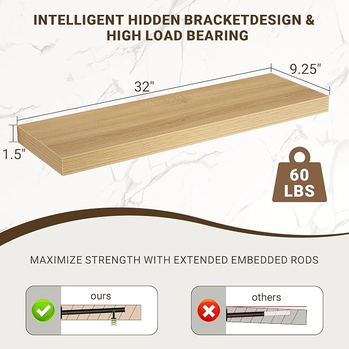 Acovy 32 Inch Floating Shelves, 3D Textured Wood Grain, 32"x9.25"x1.5" Inch Deep Floating Shelves for Wall, Wooden Shelves for Bathroom, Bedroom, Living Room, Natural, 2 Pieces