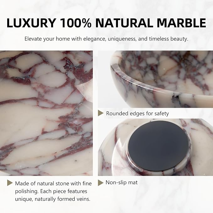 Luxury Natural Marble Fruit Bowl – Large 7.8-Inch Calacatta Viola Marble for Kitchen Counter Fruit Serving Holder, Decorative Snack Dish for Coffee Table, Centerpiece Tray for Home Decor