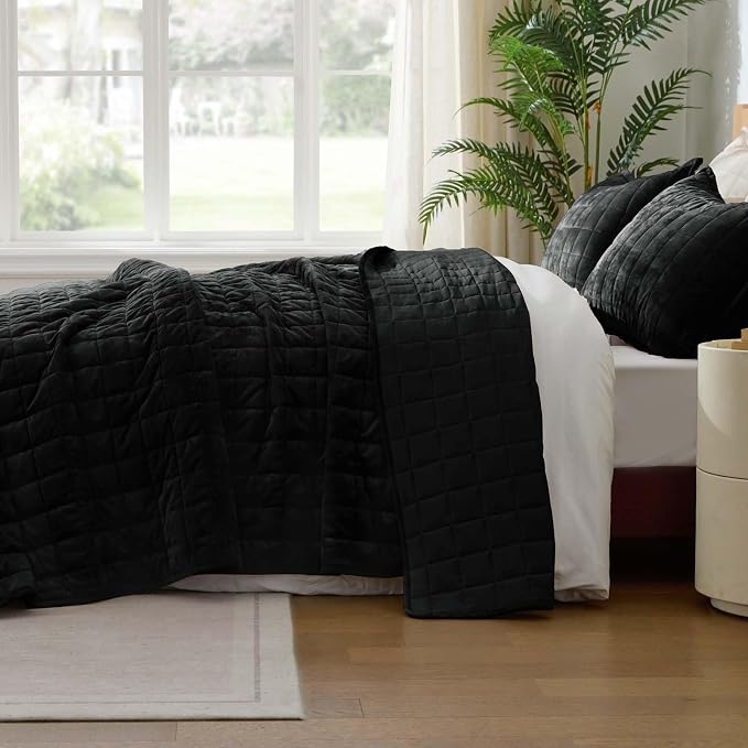 BEDELITE Velvet Quilt Set Queen Size - Luxury Soft Velvet Comforter Bedding Set for All Season, Lightweight Quilted Box Stitch Oversized Bedspread Coverlet with 2 Matching Shams, Black