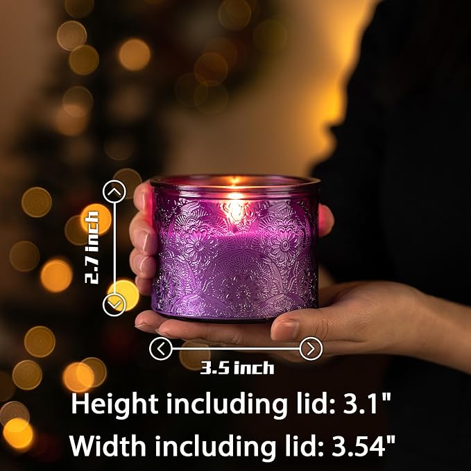 10 oz Purple Mandala Glass Candle Jars with Bamboo Lids, 9 Pack | Patented Embossed Design, Includes Wick Centering Devices & Warning Labels, Multiple Color Options