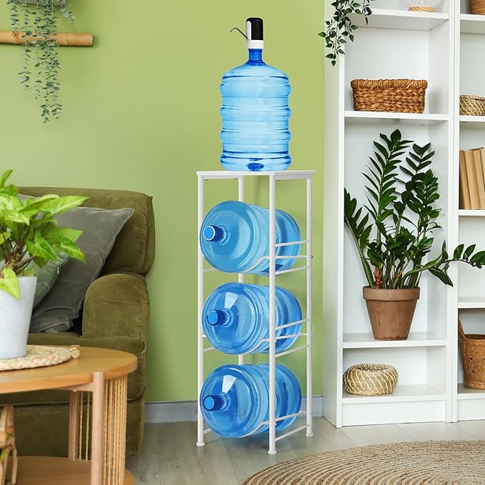 OYEAL 5 Gallon Water Bottle Jug Holder 3-Tier Water Bottle Holder Organizer with Top Shelf, Heavy Duty Water Dispenser Stand Rack for Kitchen Living Room Office, White