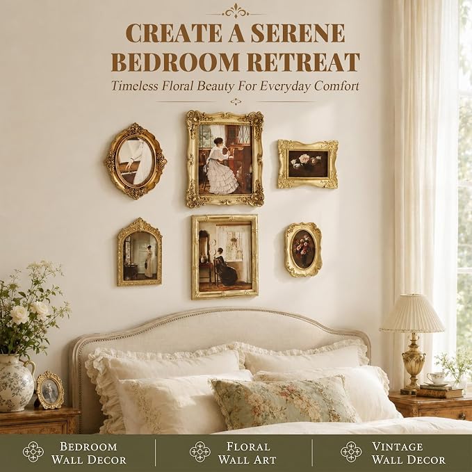 Lineshading 6 Pcs Vintage Gallery Wall Decor, Framed Canvas Wall Art Set with Antique Gold Ornate Resin Frames, French Country Cottage Botanical Floral & Portrait Prints for Living Room Farmhouse Home