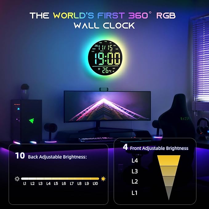EASYERA 10" Large Digital Wall Clock with Remote Control, Music Sync RGB Atmosphere Light, Low-Reflectivity, Temperature, LED Display, Dual Alarms, BT Sync, Auto DST for Bedroom and Classroom