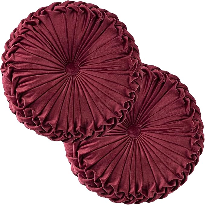Teieas 2 Pcs Round Throw Pillows Decorative Pumpkin Velvet Boho Pleated Bed Pillows Back Support for Couch Chair Dorm Car 14.96'' (Burgundy)