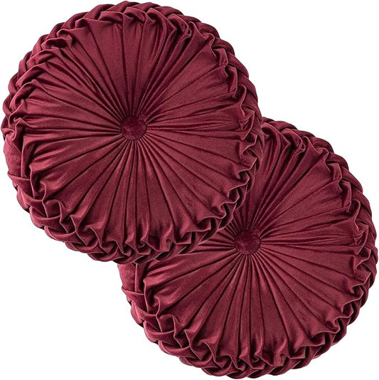 Teieas 2 Pcs Round Throw Pillows Decorative Pumpkin Velvet Boho Pleated Bed Pillows Back Support for Couch Chair Dorm Car 14.96'' (Burgundy)