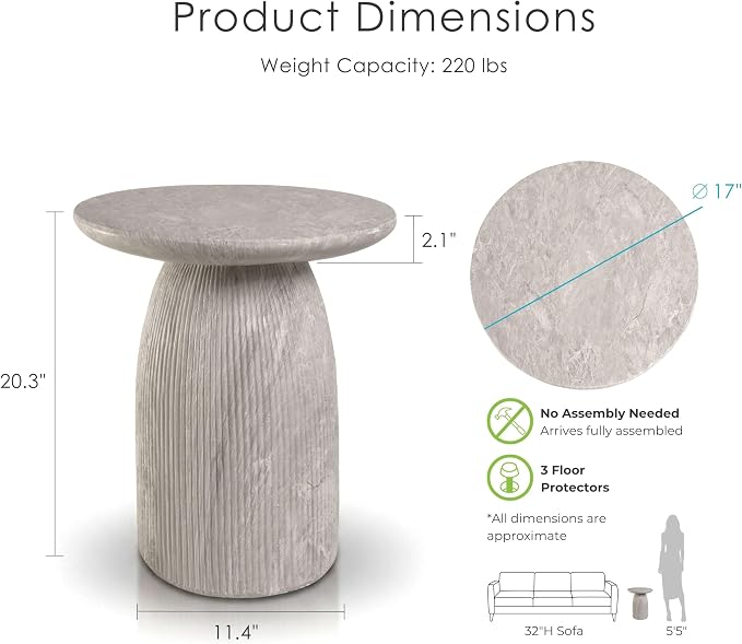 24/7 Shop at Home Ranera Modern 17-inch Natural Stone Side Table with Round Pedestal Base, Marble Nightstand, Fluted Patio End Table, for Living Room, Covered Outdoor Spaces, Light Gray Travertine
