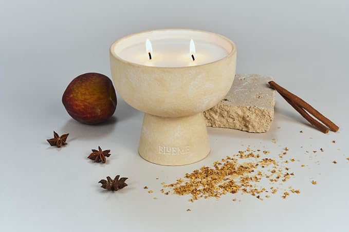 Blueme Calm Candle | Osmanthus & Sandalwood | 2 Wick - Refillable Wellness Candle with Essential Oils, Hand Finished & Poured Soy Wax Blend Ceramic Vessel, Natural Cotton Wicks | Medium 12 oz