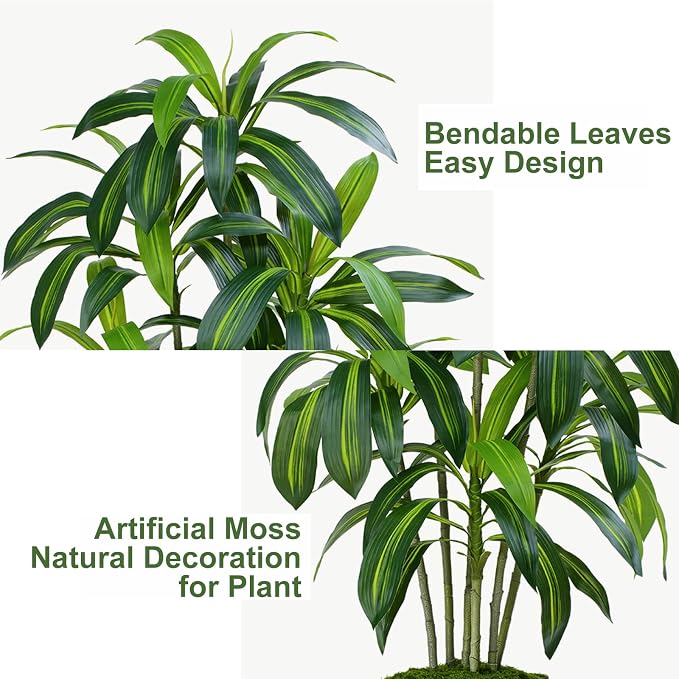 Dracaena Plant Artificial Tree 6Ft Tall Fake Tropical Floor Plants Potted (Real Touch) Artificial Silk Tree Leaf Faux Trees White Tall Planter for Home Office Living Room Indoor Outdoor Decor