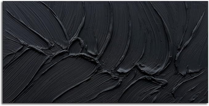 zoinart Hand Painted Thick Texture Black Minimalist Oil Painting Modern Contemporary Art 24x48 Inches Oil on Canvas Abstract Black Textured Wall Art Home Decoration