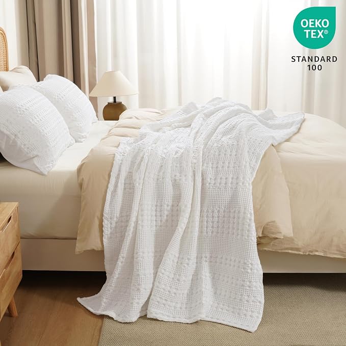 PHF 100% Cotton Waffle Throw Blanket for Couch, Lightweight Breathable and Soft for Summer, Luxury Aesthetic Waffle Weave Blanket for Home Decor & Office, Gifts for Women, 50"x60", White