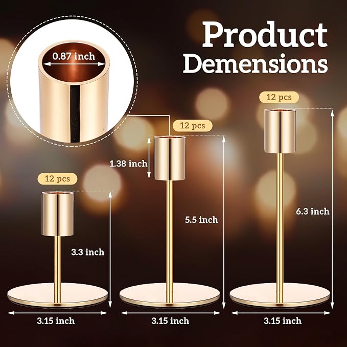 Sieral Candle Holders Bulk Taper Candlesticks Holders Set Modern Decorative Metal Candelabras for Wedding Anniversary Home Dinning Table Centerpiece Xmas Party Decor(Gold,36 Pcs)