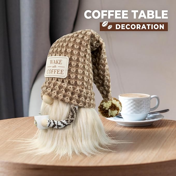 Coffee Gnome - Cute Plush Gnome Holding Cup, Handmade Bar Decor & Accessories, Gift for Coffee Lovers, Swedish Tomte Elf Dwarf for Station, Kitchen, Valentine, Christmas & Home Decorations