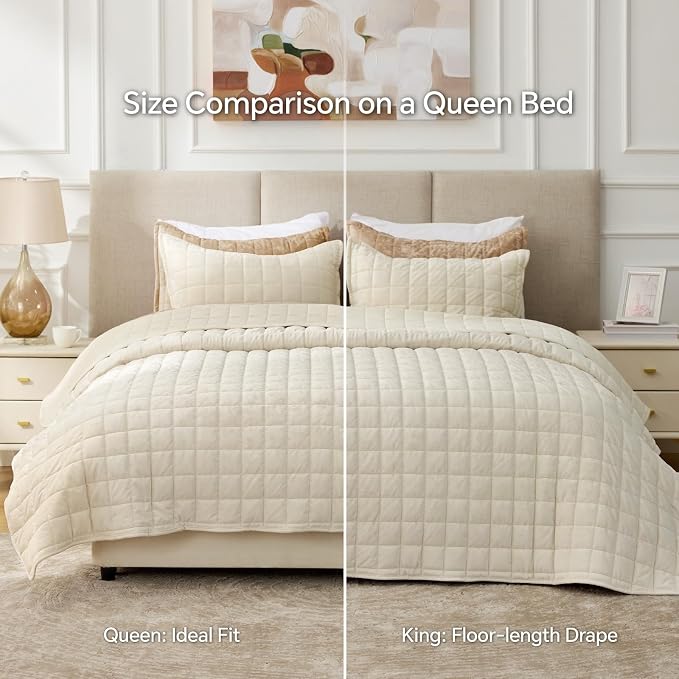 BEDELITE Velvet Quilt Set Oversized California King - Luxury Soft Velvet Comforter Bedding Set for All Season, Lightweight Quilted Box Stitch Oversized Bedspread Coverlet with 2 Matching Shams, Cream