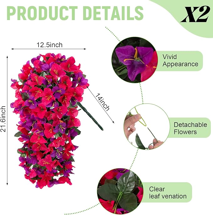Fake Bougainvillea Artificial Flowers for Outdoors Decoration 2 pcs Faux Hanging Flowers Plants for Outdoor Planters UV Resistant Silk Bougainvillea Vines for Front Door Porch Urn Patio Garden