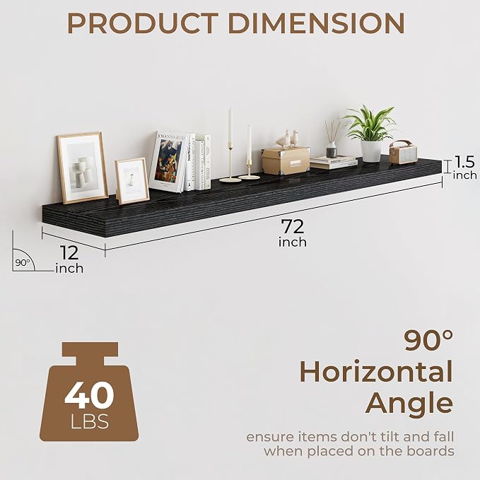 RICHFOCUS 72 Inch 12" D Floating Shelves for Wall 2 Pack Long Wall Shelves for Room Wall|Large Wood Hanging Shelf with Invisible Brackets for Bathroom Bedroom Kitchen Laundry Room, Black