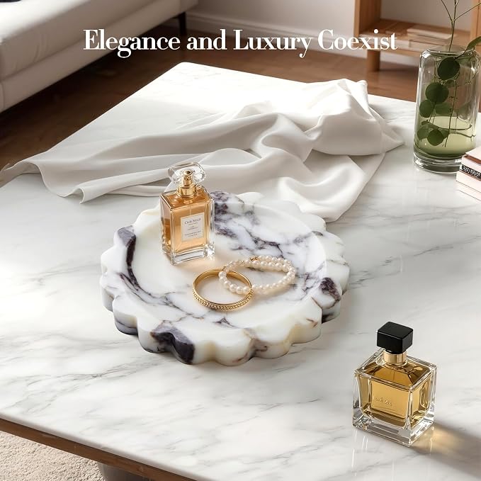 SAMAH Calacatta Viola Natural Marble Tray, Scalloped Bathroom Tray, Luxury Decorative Trays for Bathroom, Vanity, Dresser, Kitchen & Home Decor, Housewarming Gifts New Home (Round)