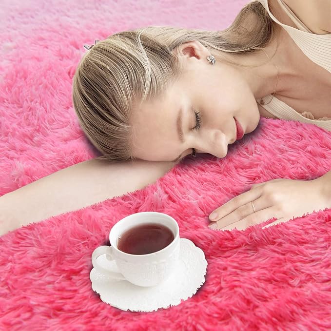 A Nice Night Shaggy Fluffy Faux Fur Area Rug, PinkPurple Tie Dye Star Glitter Printed,Soft, Luxurious Carpet Rugs for Nursery Rug, Bedroom, Living Room,5'x7'