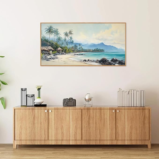 Rantodecor Tropical Coastal Framed Canvas Wall Art, Beach Landscape Posters Wall Decor, Island Palm Trees Beach House Art Paintings, Seascape Mountains Artwork for Bedroom Living Room Office 40"x20"