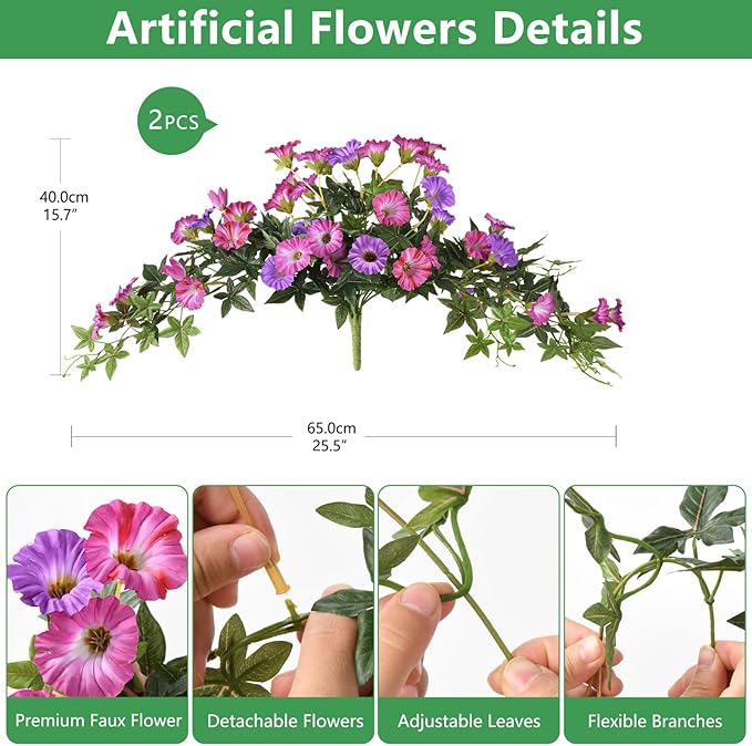Artificial Fake Flowers Hanging Plants for Outdoor Spring Summer Decoration, 2Pcs Faux Petunias Realistic Silk Flower UV Resistant No Fade for Home Outside Garden Balcony Yard Porch (Purple Fuchsia)