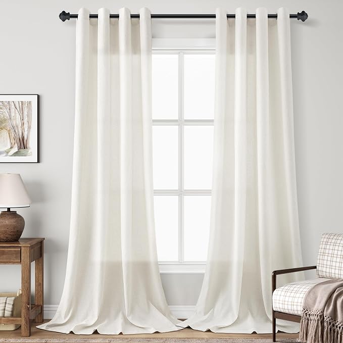 Natural Cream Linen Grommet Curtains 110 Inches Length for Living Room Privacy Semi Sheer Elegant Drapes for Bedroom Light Filtering Neutral Extra Long Sheer Curtain for Large Window 52x110, 2 Panel
