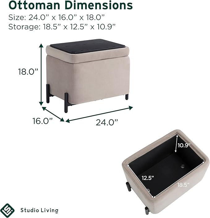Studio Living® Connor 24" Small Storage Ottoman, Modern Boho, Matte Black Metal Legs, Velvet Fabric, Taupe