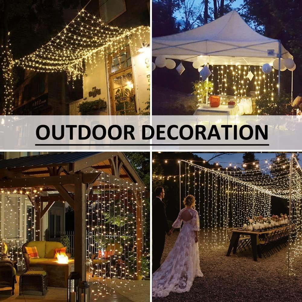 Solhice LED Curtain Lights Outdoor 20ft x10ft, 600 LED Plug in Hanging String Lights Indoor, Twinkle Light Backdrop for Outside Backyard Wedding Bedroom Decor, Warm White (Not Connectable)