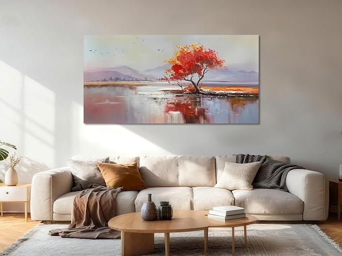Arjun Landscape Canvas Wall Art Textured Extra Large 58"x29"- Red Tree & Lake Reflection Painting, Soft Toned Nature Prints Picture Framed Artwork for Living Room Bedroom Home Office Wall Decor