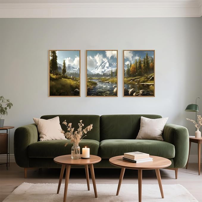 Watercolor Sage Green Mountain Woodland Framed Canvas Wall Art Set,Modern Wilderness River Grassland Wall Decor,Natural Rustic Forest Landscape Artwork for Living Room,Farmhouse- 24"x36"x3
