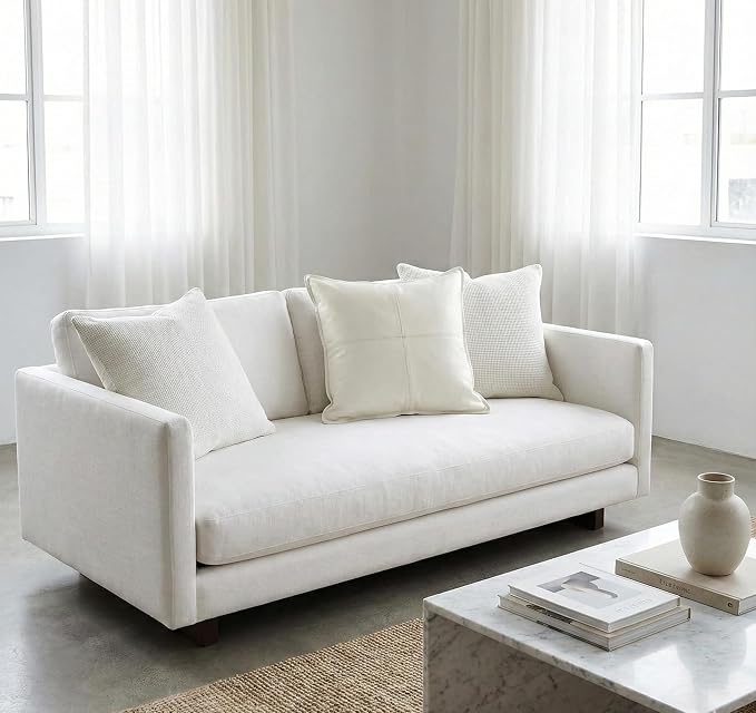 Genuine Leather Pillow Cover Case for Lumbar Throw Couch Pillows - Farmhouse Decorative Modern Sofa Thick & Soft Cushion Covers (White, 24" x 24")