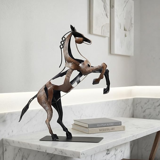 SunBlogs Art Metal Horse Statue Décor, Handmade & Hand-Painted Modern Western Horse Decoration, Rustic Iron Sculpture Gifts for Home Office for Horse Lovers (Vintage Brown)