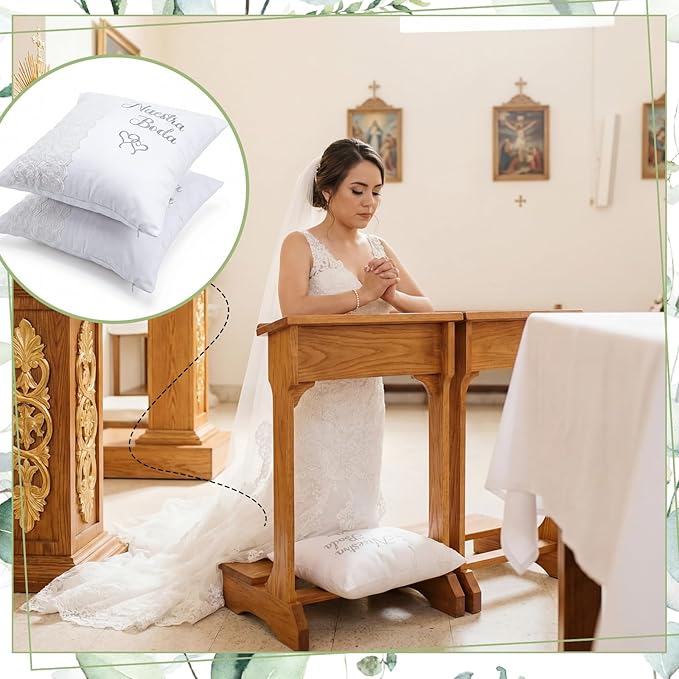 Mixweer 2pcs Wedding Embroidered Kneeling Pillows Nuestra Boda 18 x 18 Inch Embroidered Prayer Pillow Satin and Lace Kneeling White/Silver, Cojines para Boda, Decoracion (Left, Lace)